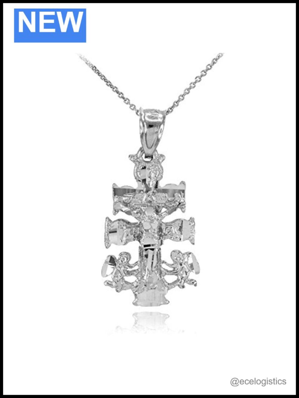 Sterling Silver Caravaca Double Cross Angels Crucifix Necklace 18"